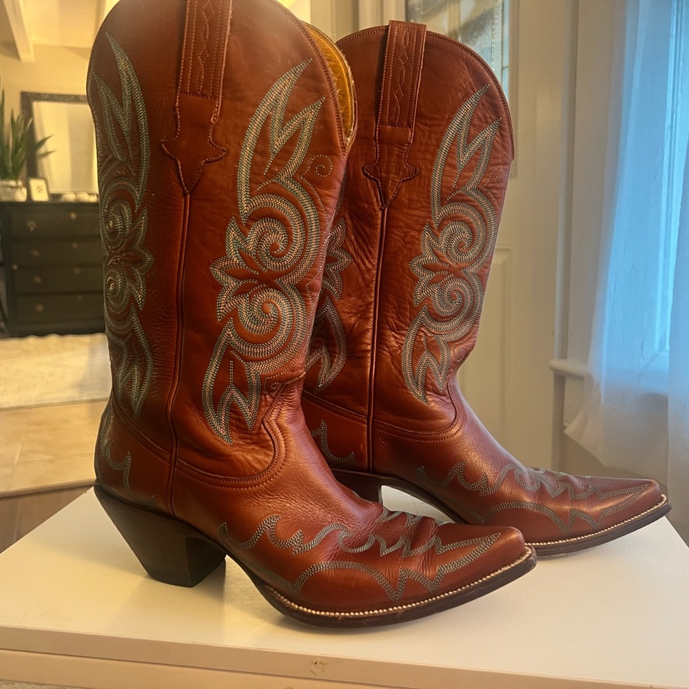 Brown Cowboy Boots with Blue Embroidery
